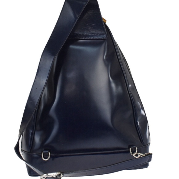 GUCCI Logo Bamboo Shoulder Bag/Backpack Navy Blue Leather Made In Italy - Picture 3 of 9